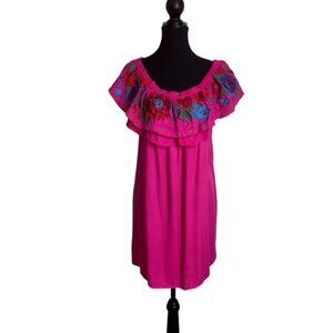 Umgee Women’s Large Vibrant Pink Ruffled Dress Floral Embroidery FLAWED